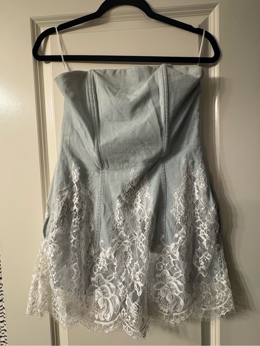 Strapless Denim Lace Hem Romper